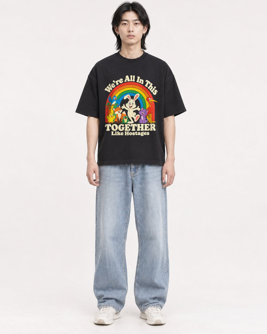 Mockup Boxy Heavyweight Tee Black male full-body 41