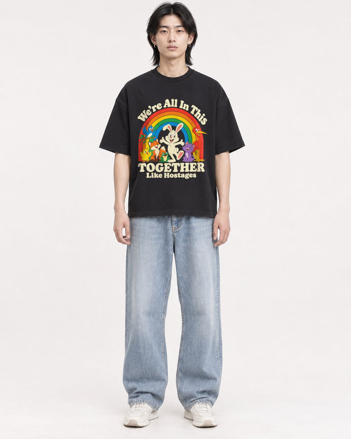 Mockup Boxy Heavyweight Tee Black male full-body 41