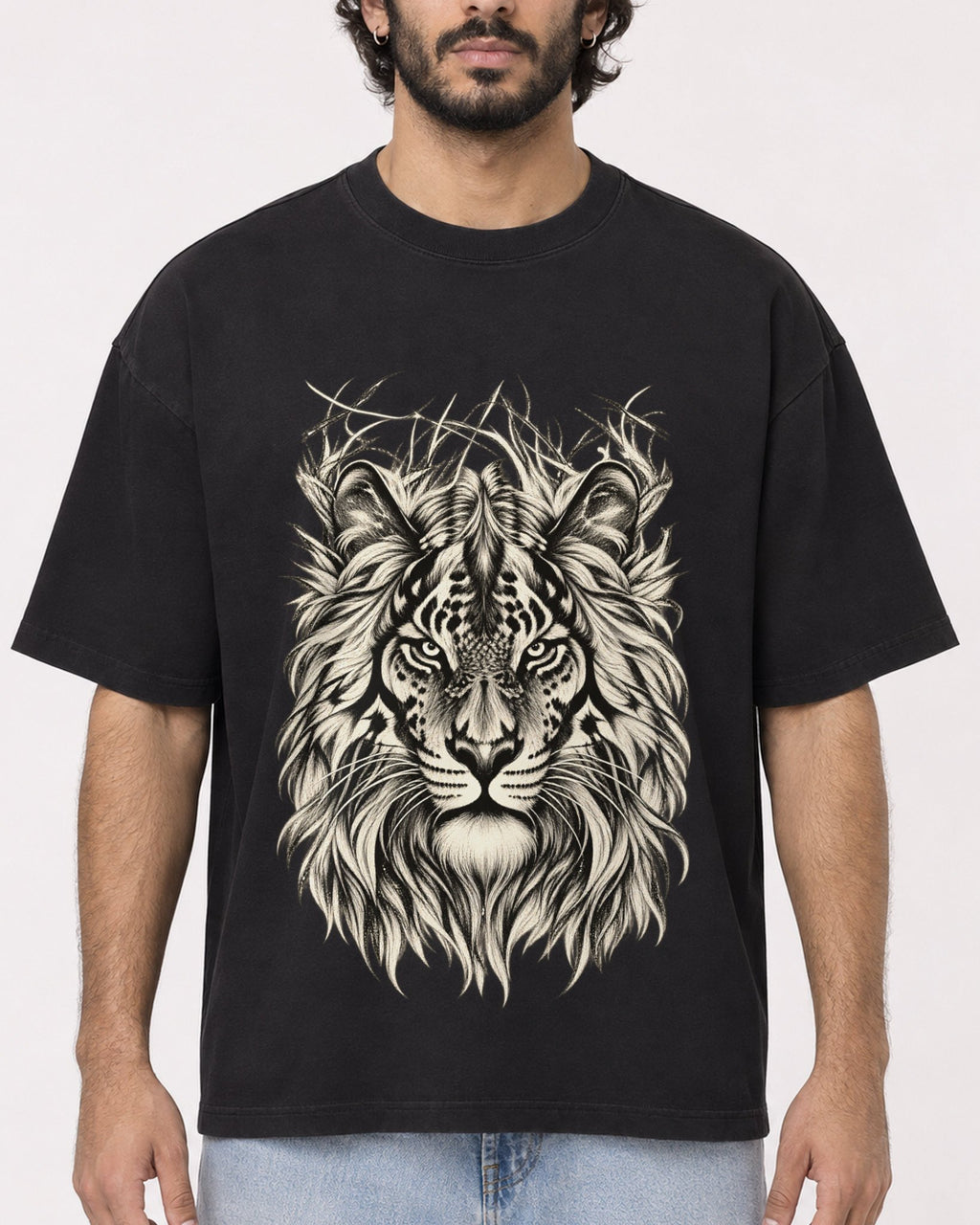 Mockup Boxy Heavyweight Tee Black male close-up 17