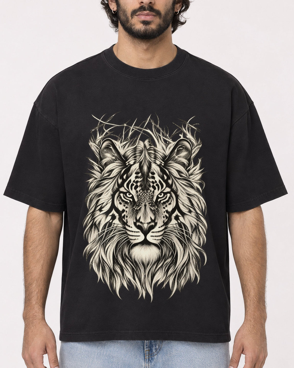 Mockup Boxy Heavyweight Tee Black male close-up 17