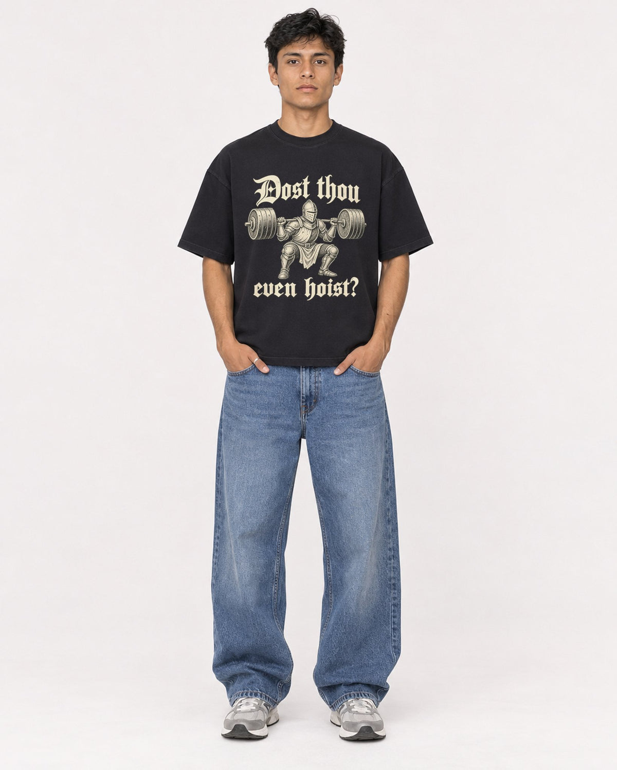 Mockup Boxy Heavyweight Tee Black male full-body 46