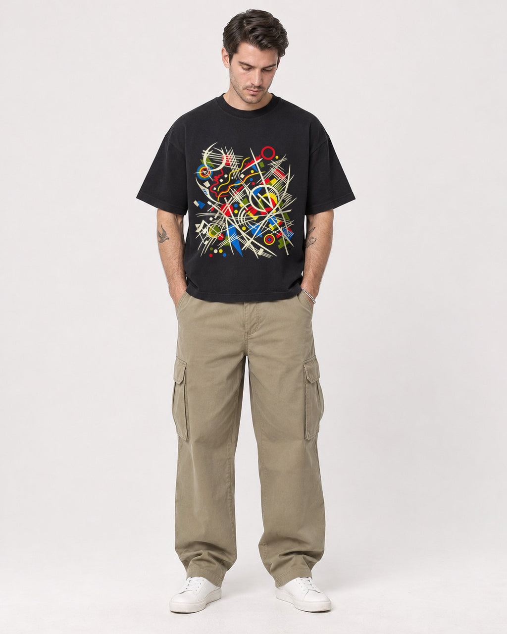 Mockup Boxy Heavyweight Tee Black male full-body 48