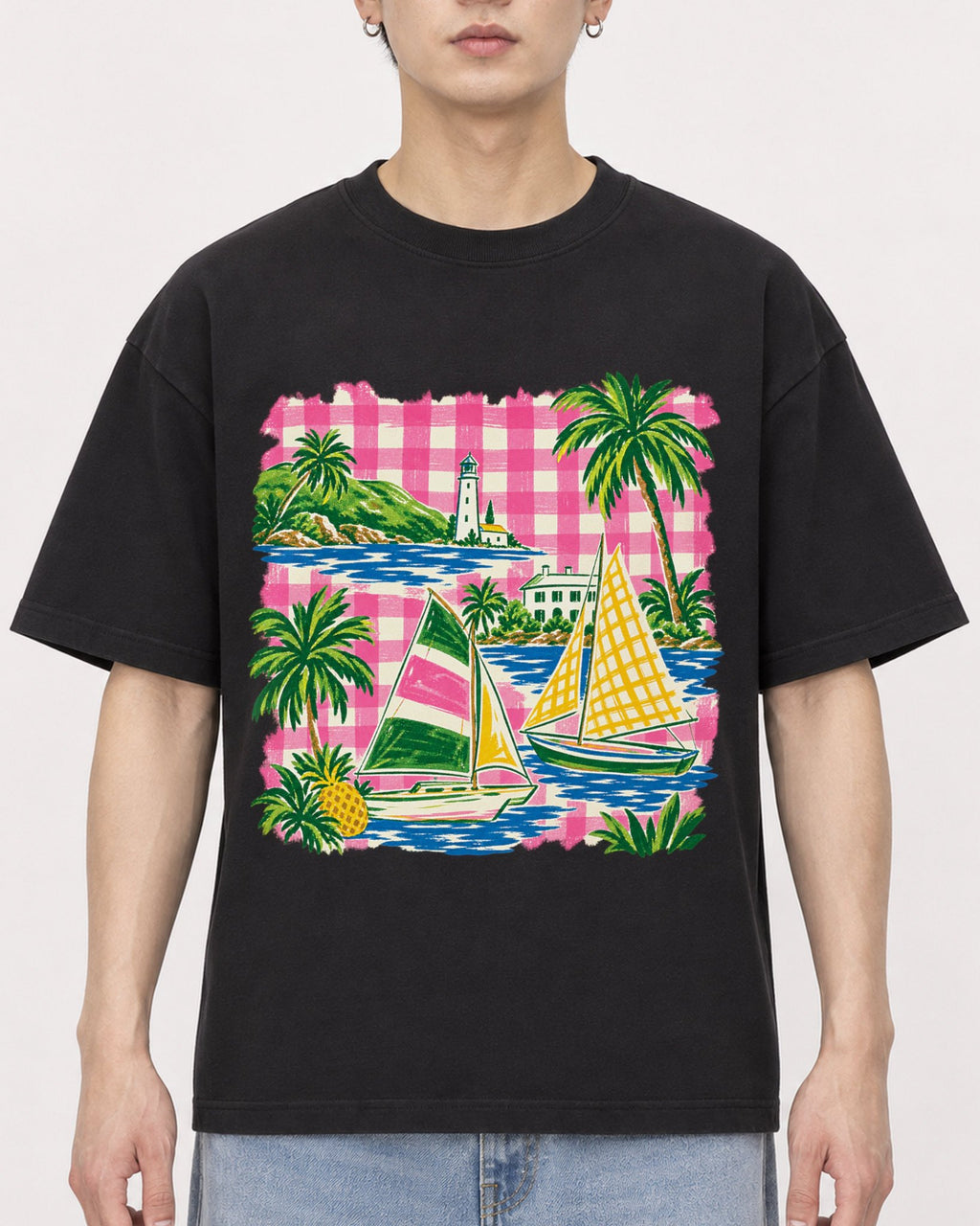 Mockup Boxy Heavyweight Tee Black male close-up 01