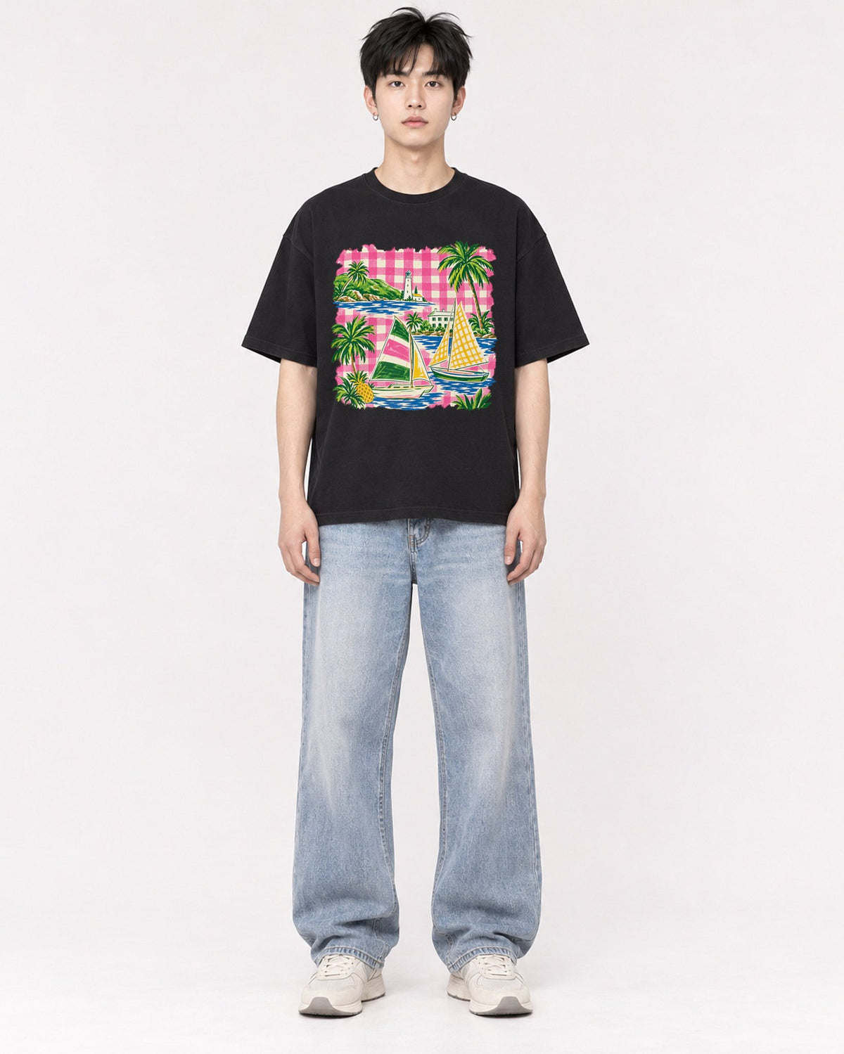 Mockup Boxy Heavyweight Tee Black male full-body 01