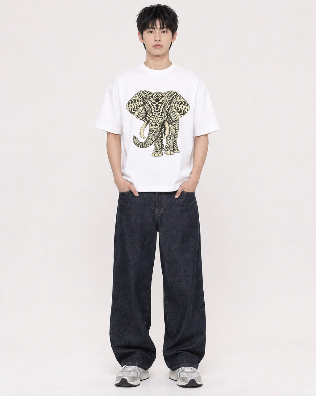 Mockup Boxy Heavyweight Tee White male full-body 01