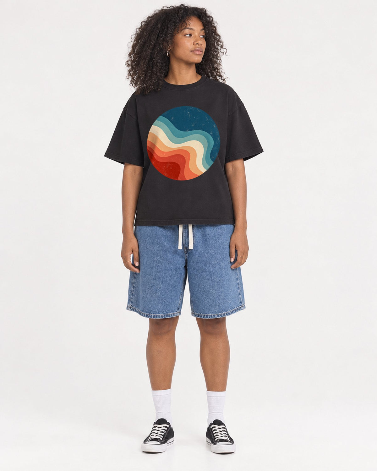 Mockup Boxy Heavyweight Tee Black female full-body 05
