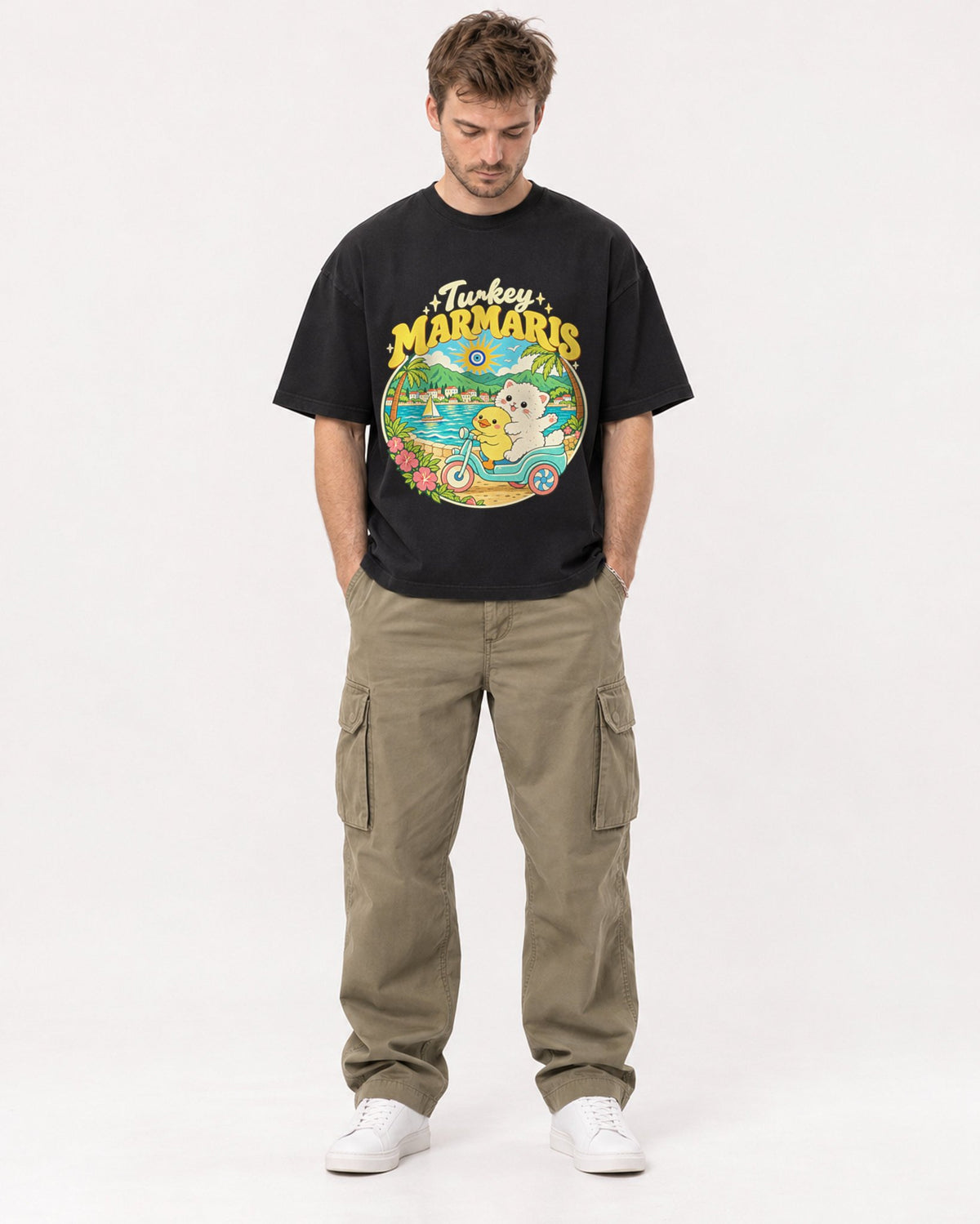 Mockup Boxy Heavyweight Tee Black male full-body 08