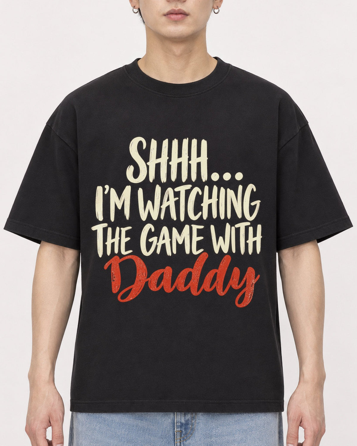 Mockup Boxy Heavyweight Tee Black male close-up 01