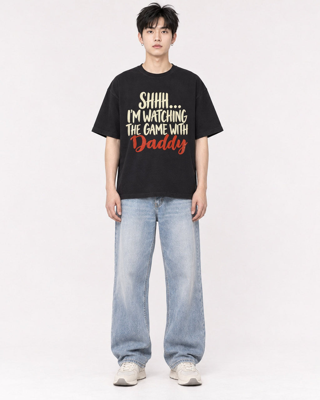 Mockup Boxy Heavyweight Tee Black male full-body 01