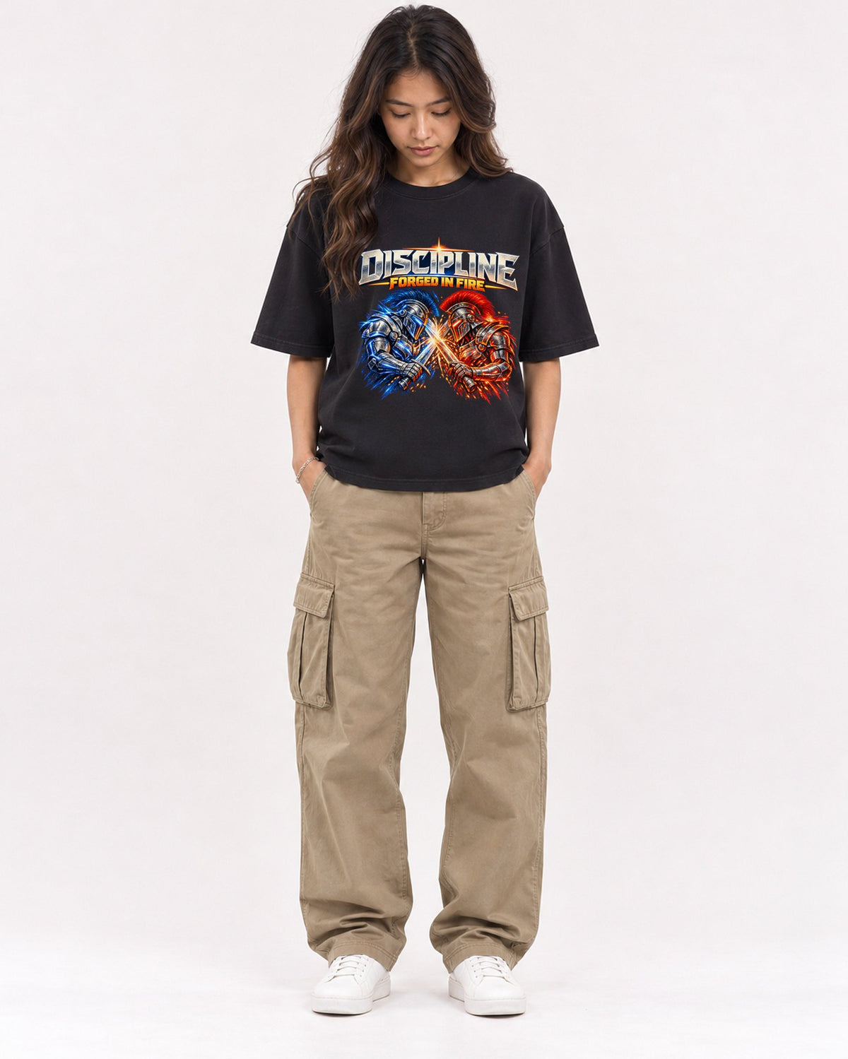 Mockup Boxy Heavyweight Tee Black female full-body 02