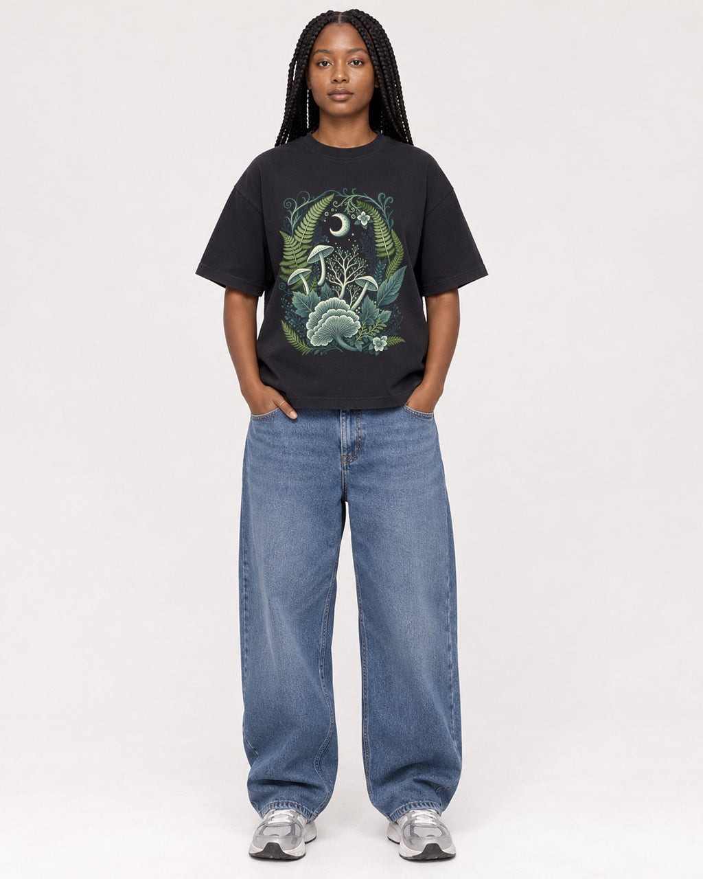 Mockup Boxy Heavyweight Tee Black female full-body 04