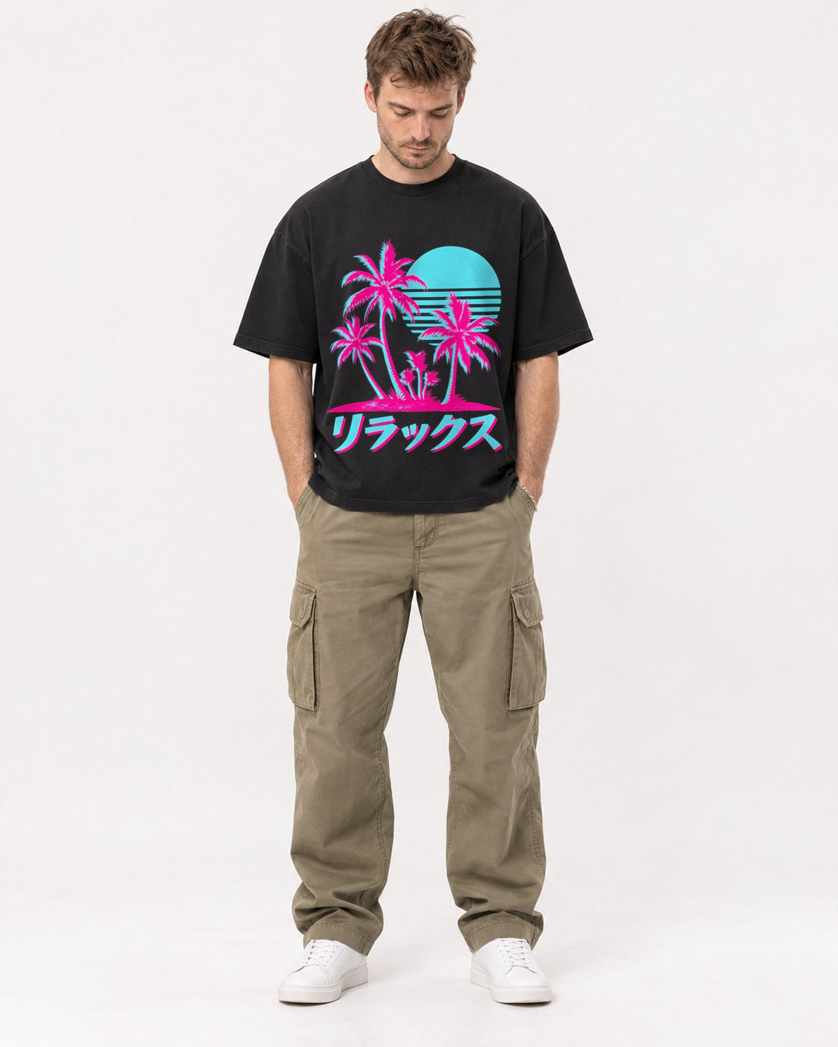 Mockup Boxy Heavyweight Tee Black male full-body 08