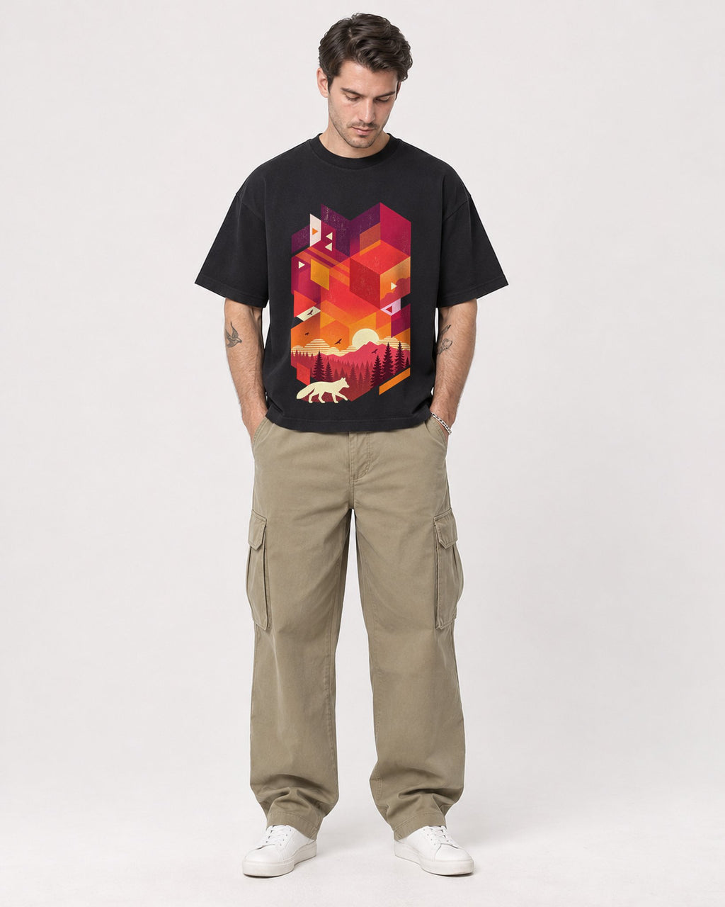 Mockup Boxy Heavyweight Tee Black male full-body 48