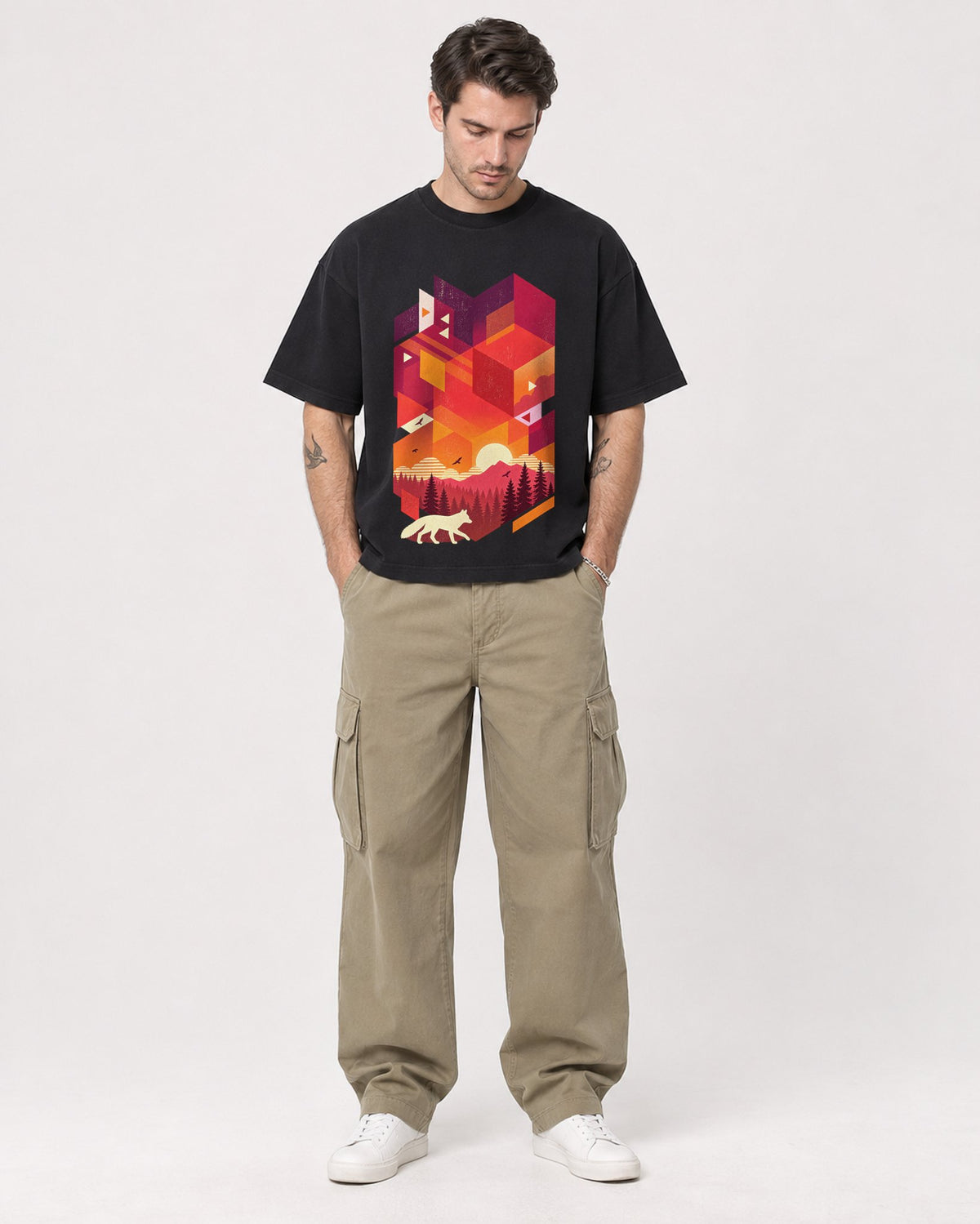 Mockup Boxy Heavyweight Tee Black male full-body 48