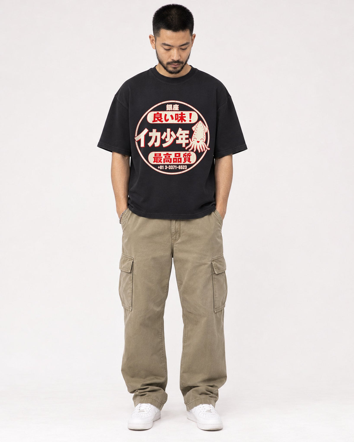 Mockup Boxy Heavyweight Tee Black male full-body 32