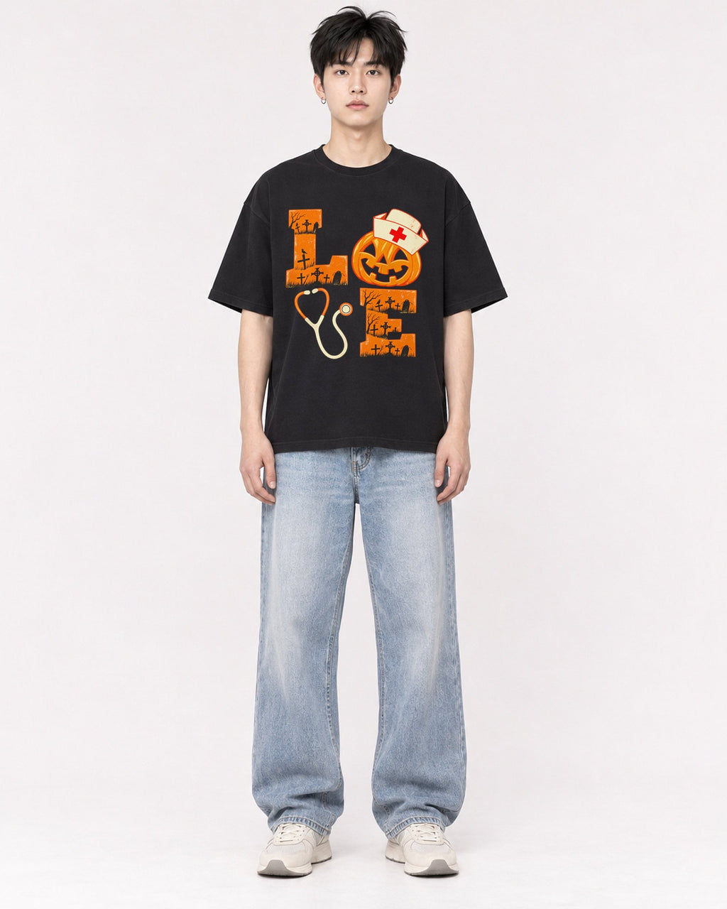 Mockup Boxy Heavyweight Tee Black male full-body 01
