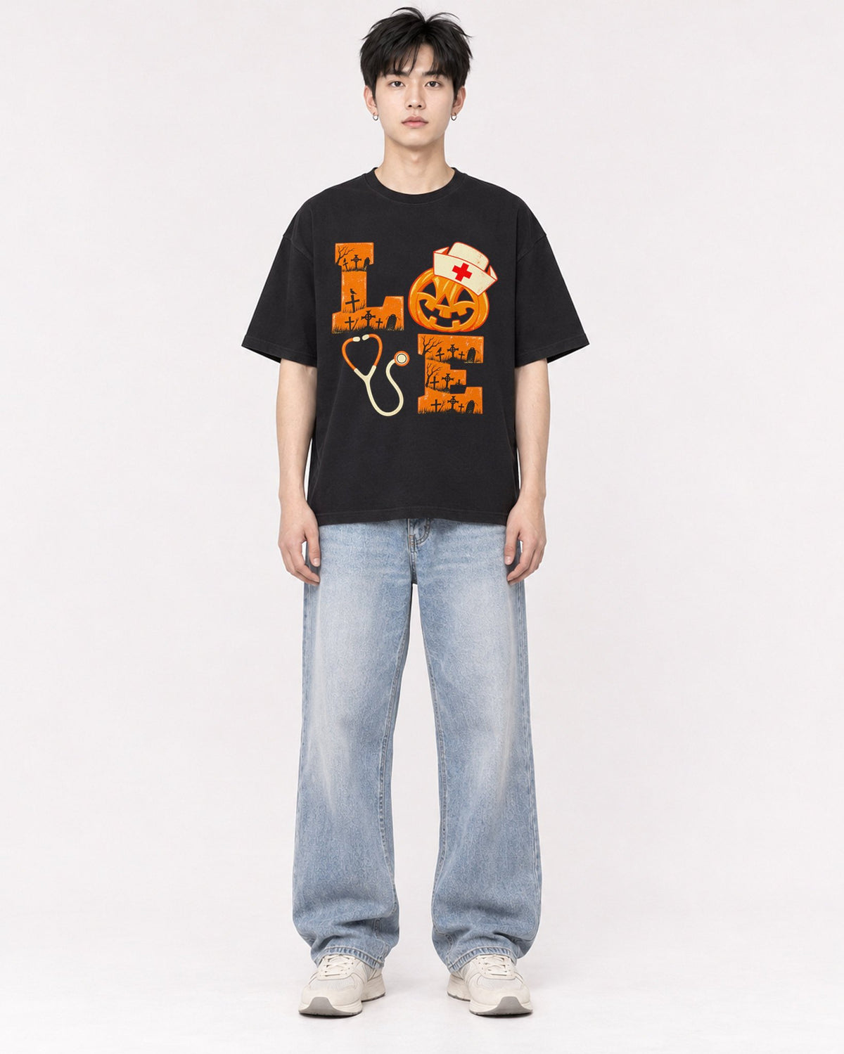 Mockup Boxy Heavyweight Tee Black male full-body 01