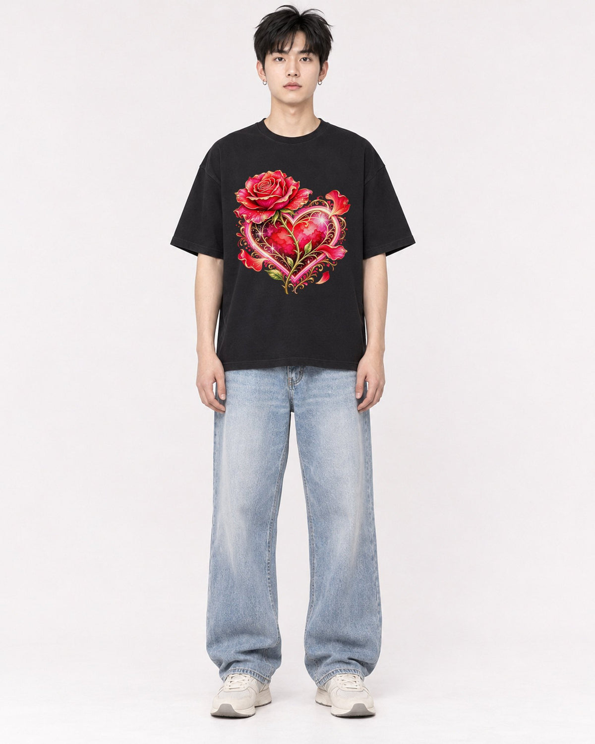 Mockup Boxy Heavyweight Tee Black male full-body 01