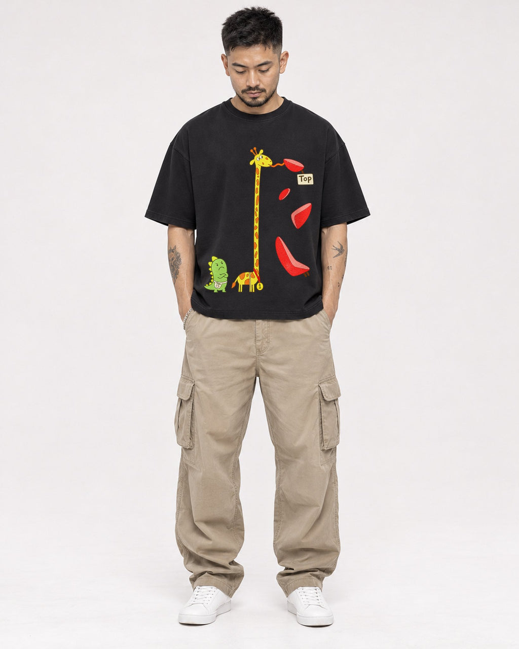 Mockup Boxy Heavyweight Tee Black male full-body 12