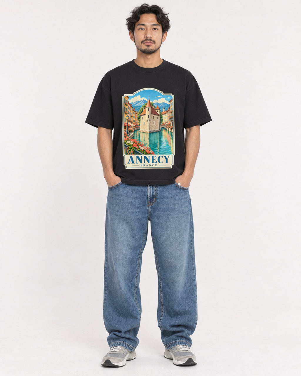 Mockup Boxy Heavyweight Tee Black male full-body 02