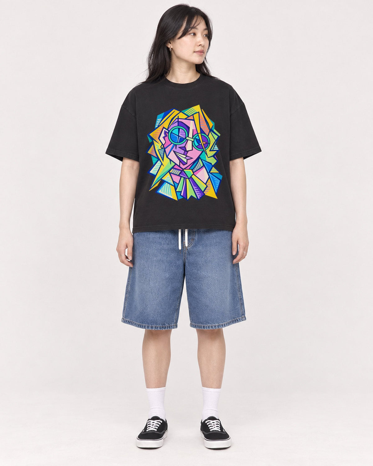 Mockup Boxy Heavyweight Tee Black female full-body 13