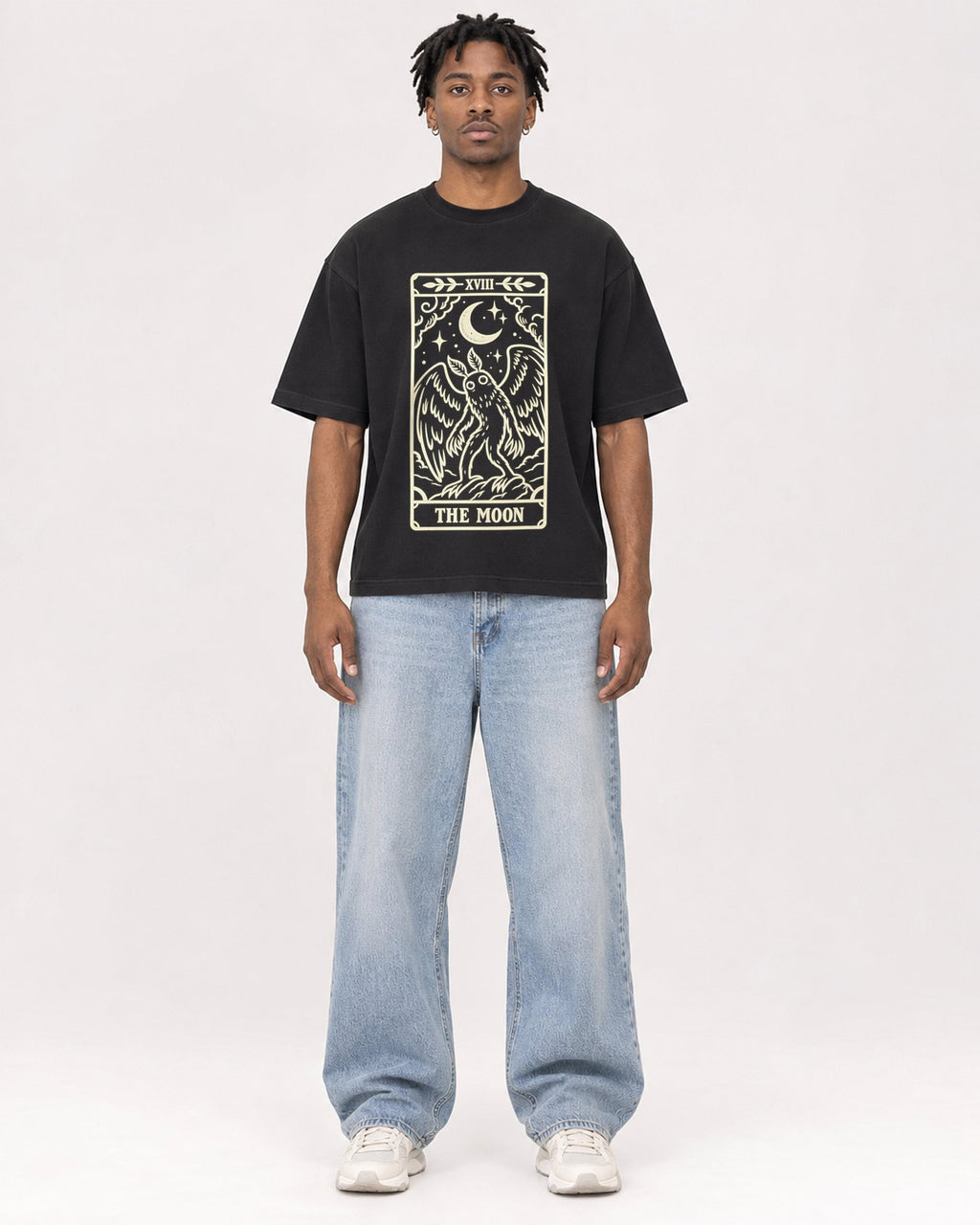 Mockup Boxy Heavyweight Tee Black male full-body 05