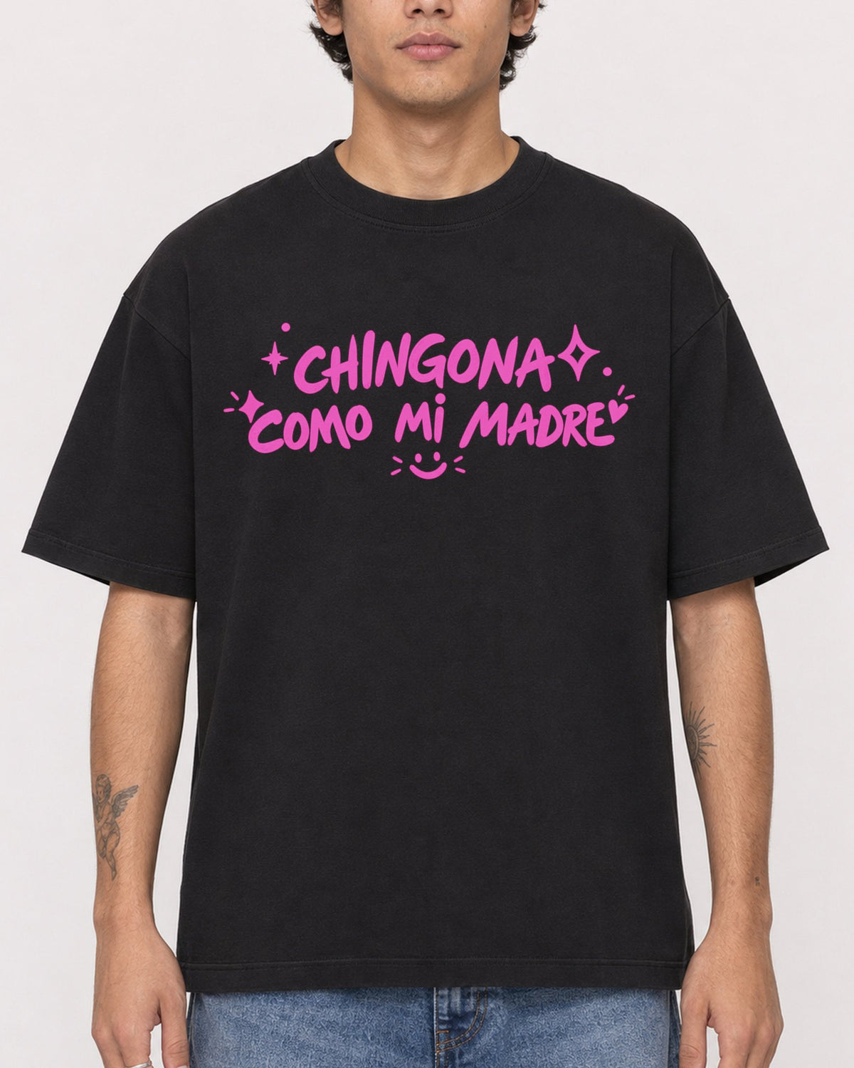 Mockup Boxy Heavyweight Tee Black male close-up 06