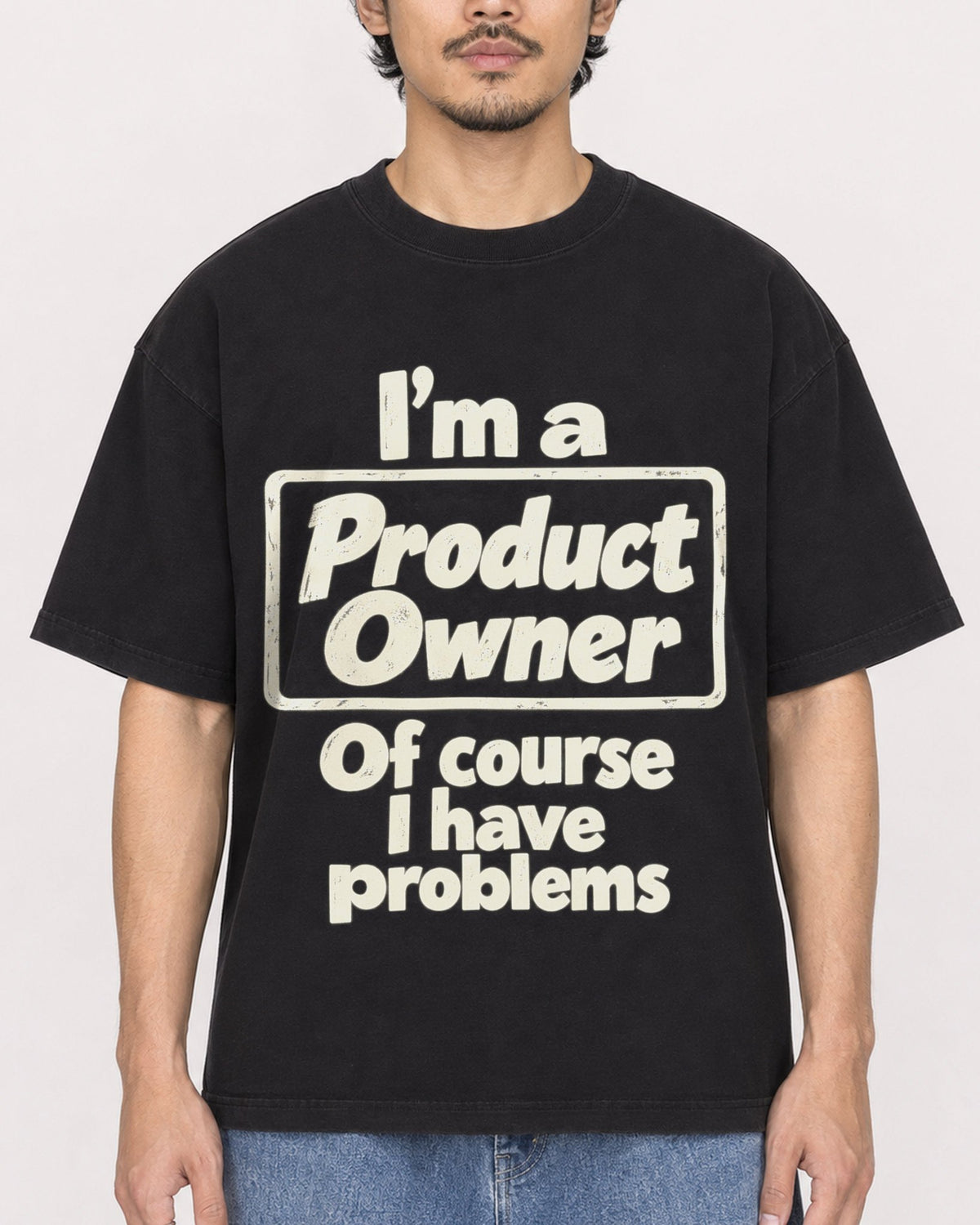Mockup Boxy Heavyweight Tee Black male close-up 02