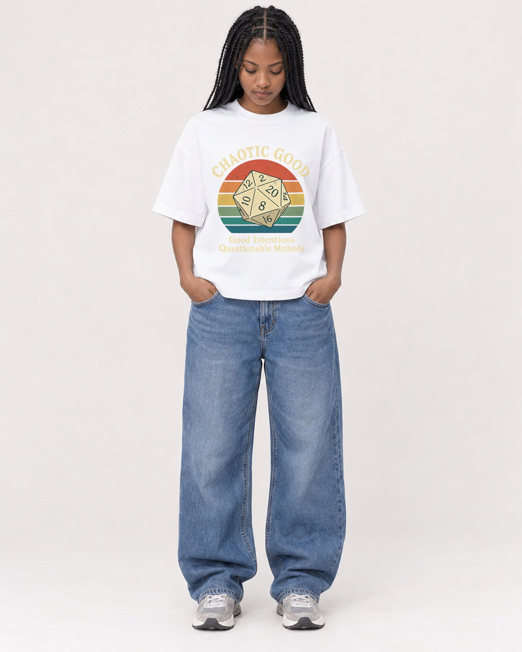 Mockup Boxy Heavyweight Tee White female full-body 45