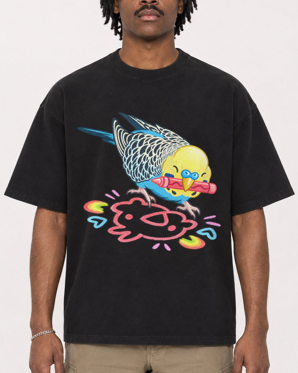 Mockup Boxy Heavyweight Tee Black male close-up 04