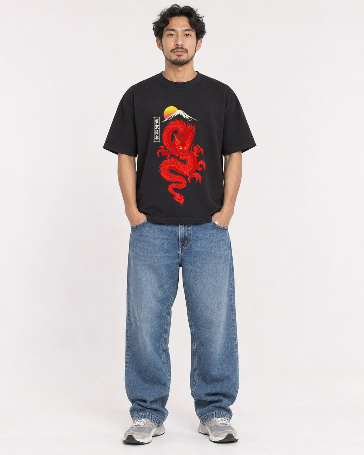 Mockup Boxy Heavyweight Tee Black male full-body 02