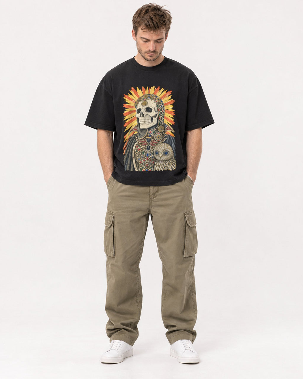 Mockup Boxy Heavyweight Tee Black male full-body 08