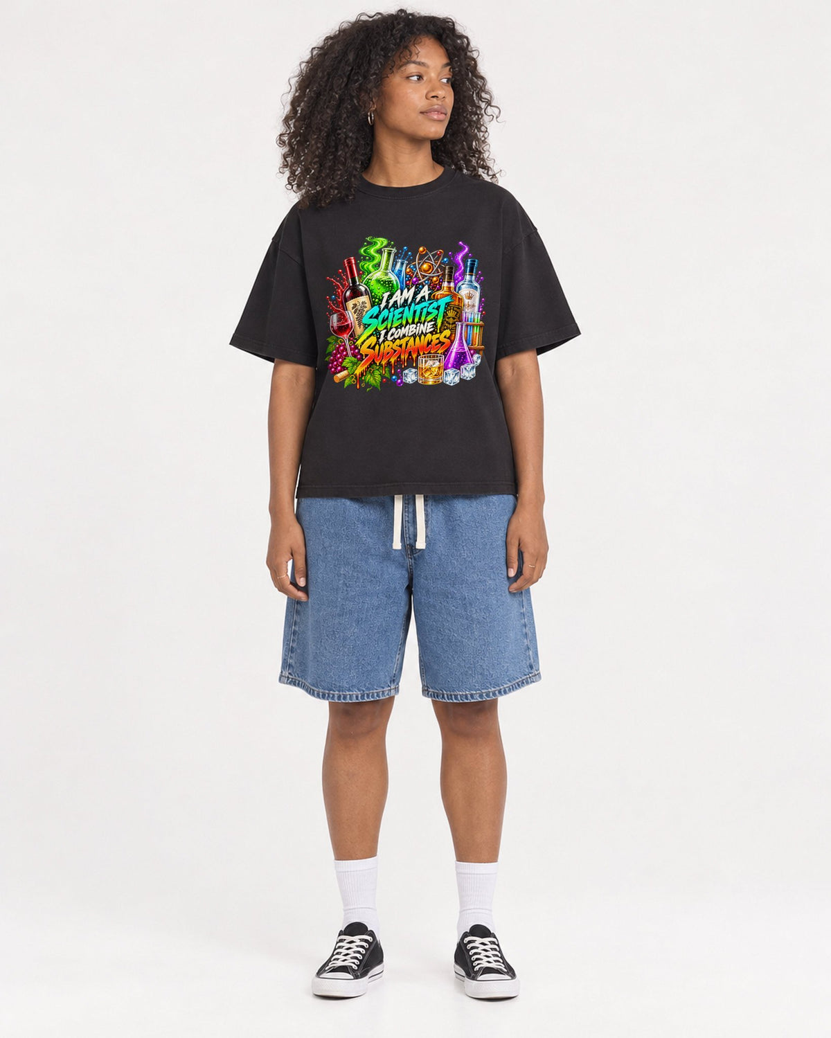 Mockup Boxy Heavyweight Tee Black female full-body 05
