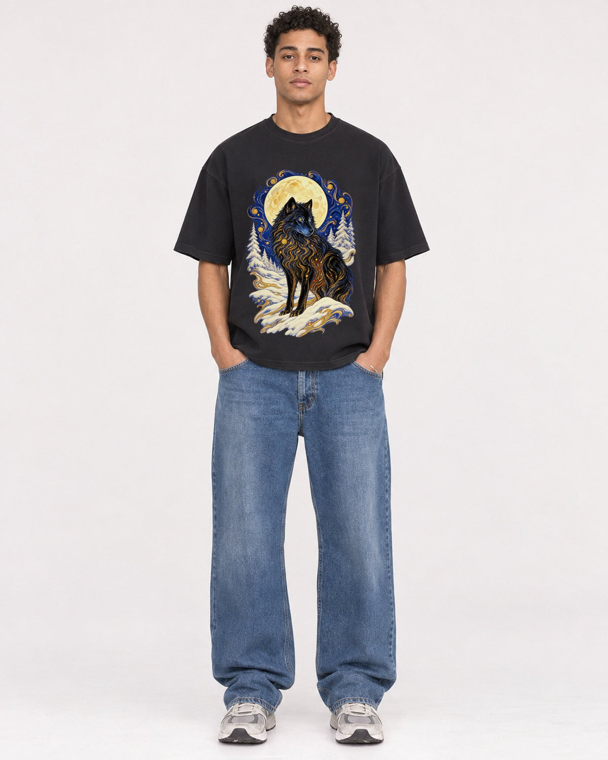 Mockup Boxy Heavyweight Tee Black male full-body 10
