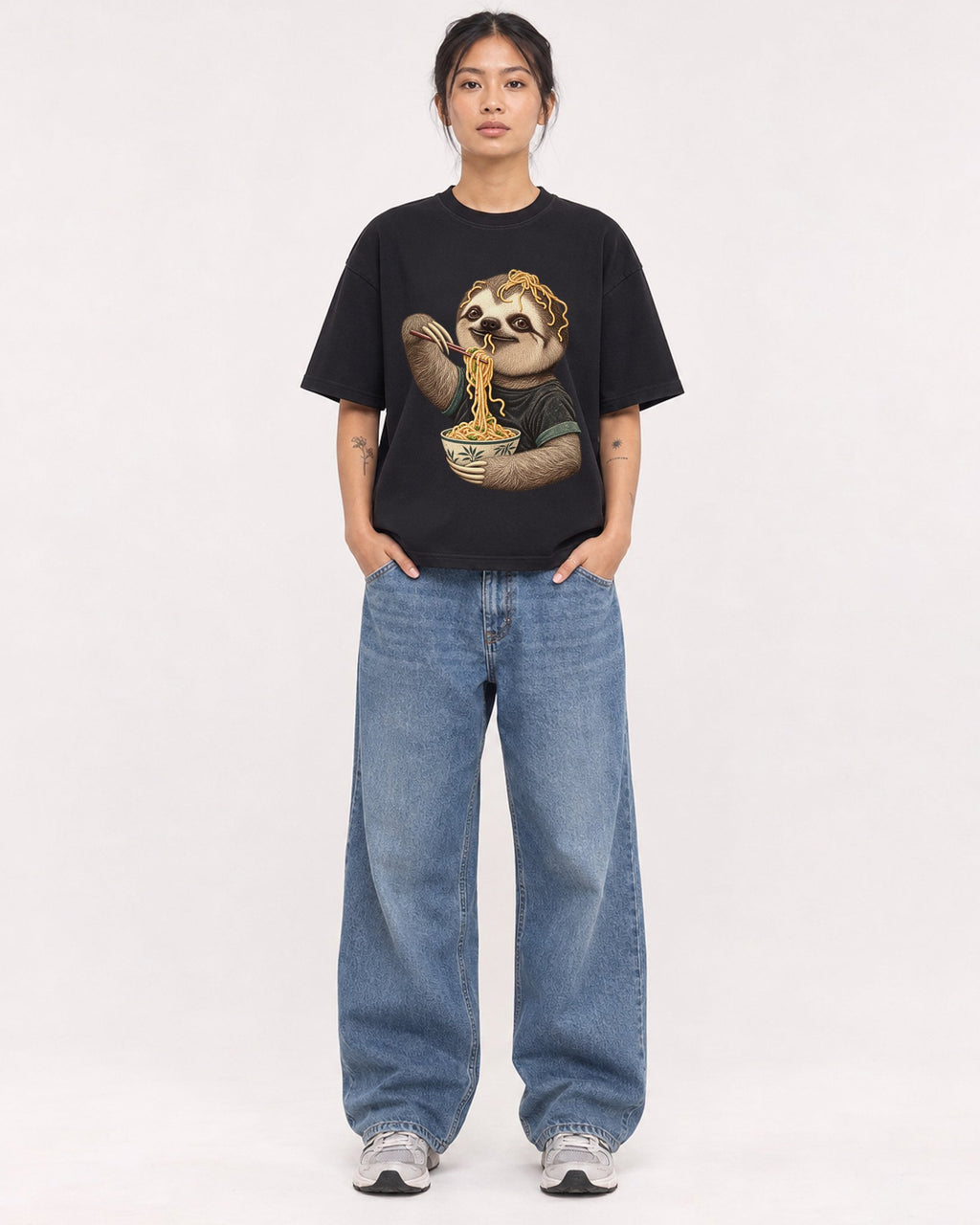 Mockup Boxy Heavyweight Tee Black female full-body 12