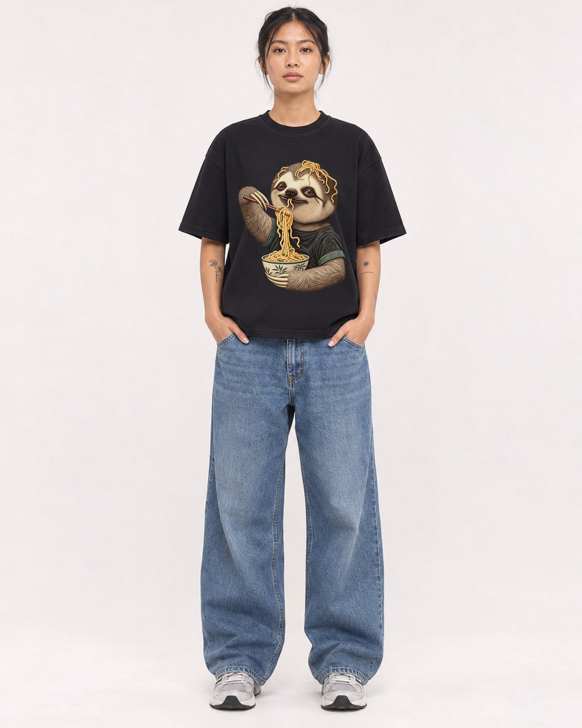 Mockup Boxy Heavyweight Tee Black female full-body 12