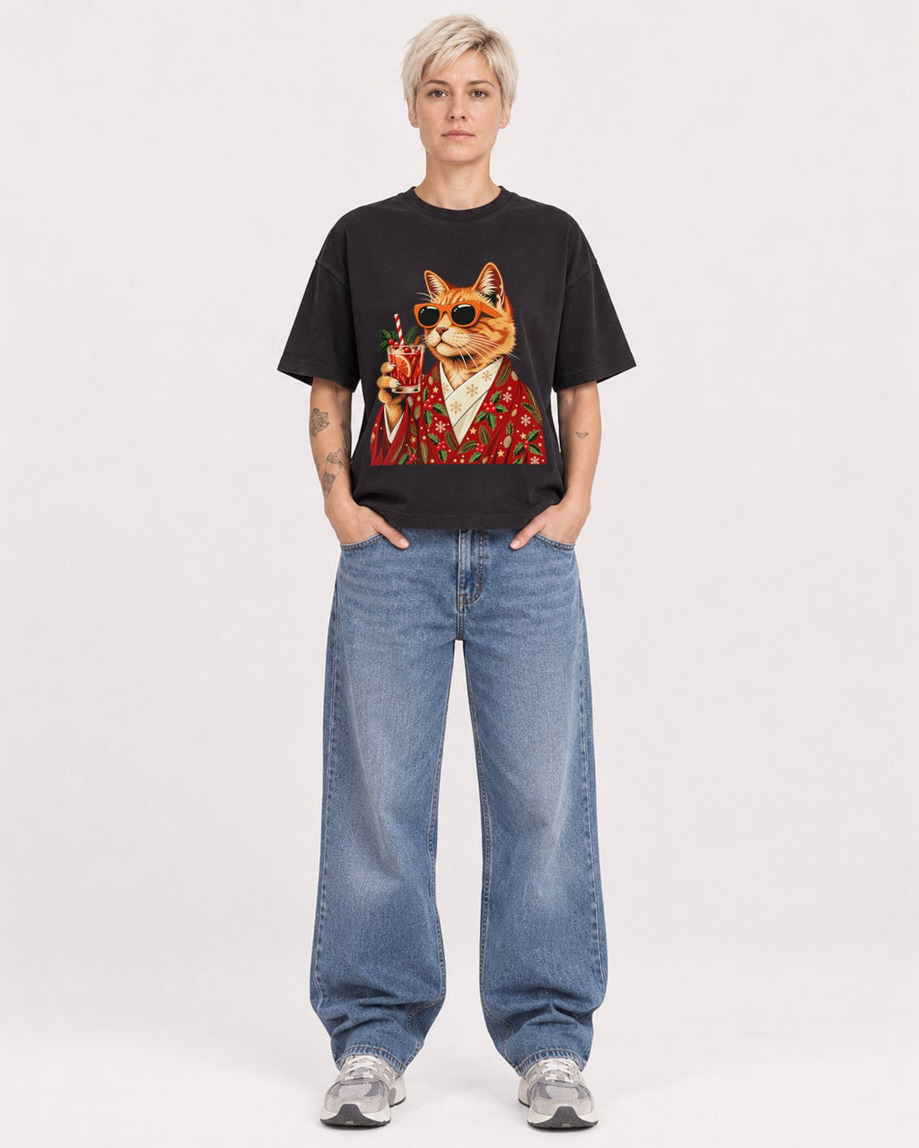 Mockup Boxy Heavyweight Tee Black female full-body 48