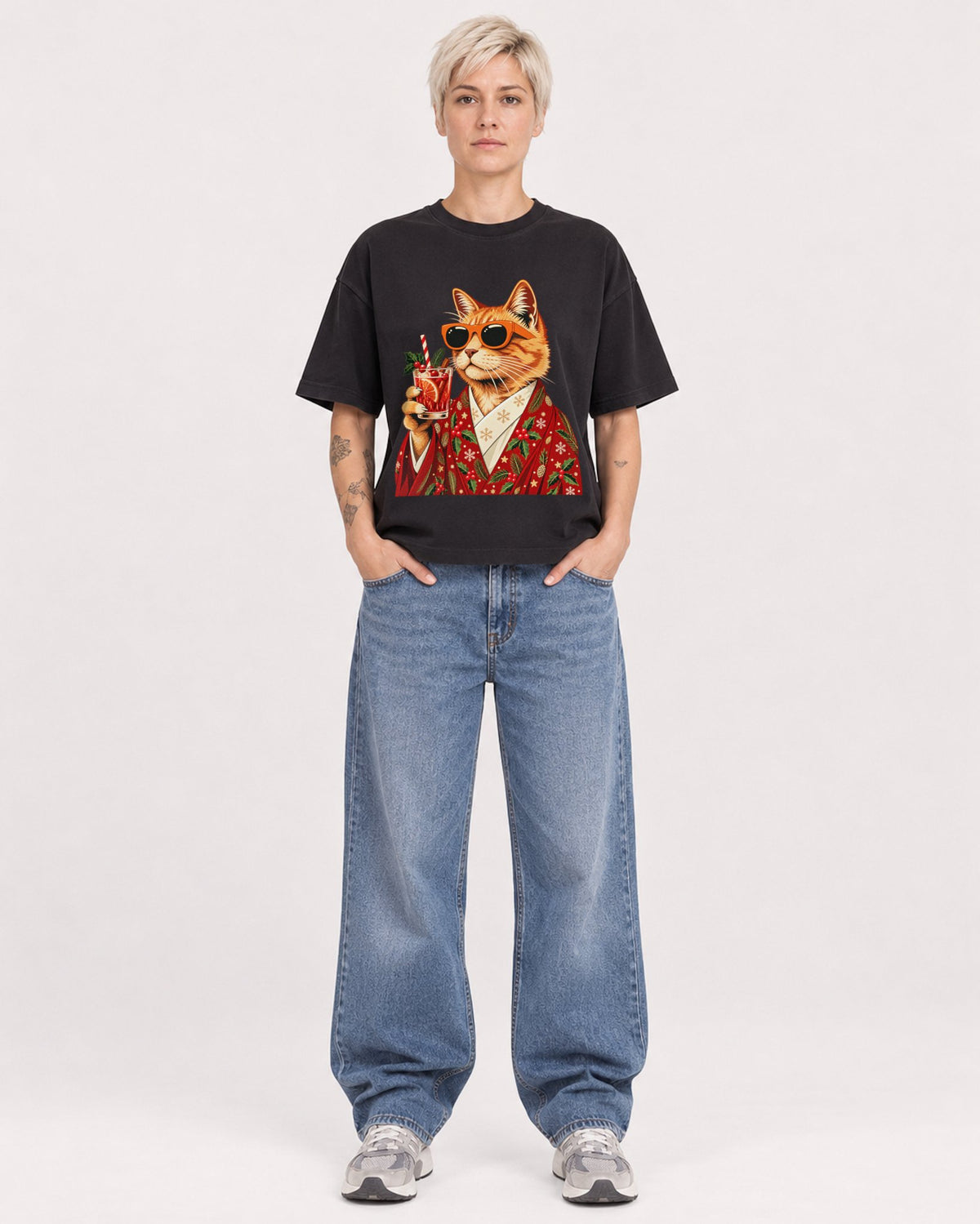 Mockup Boxy Heavyweight Tee Black female full-body 48
