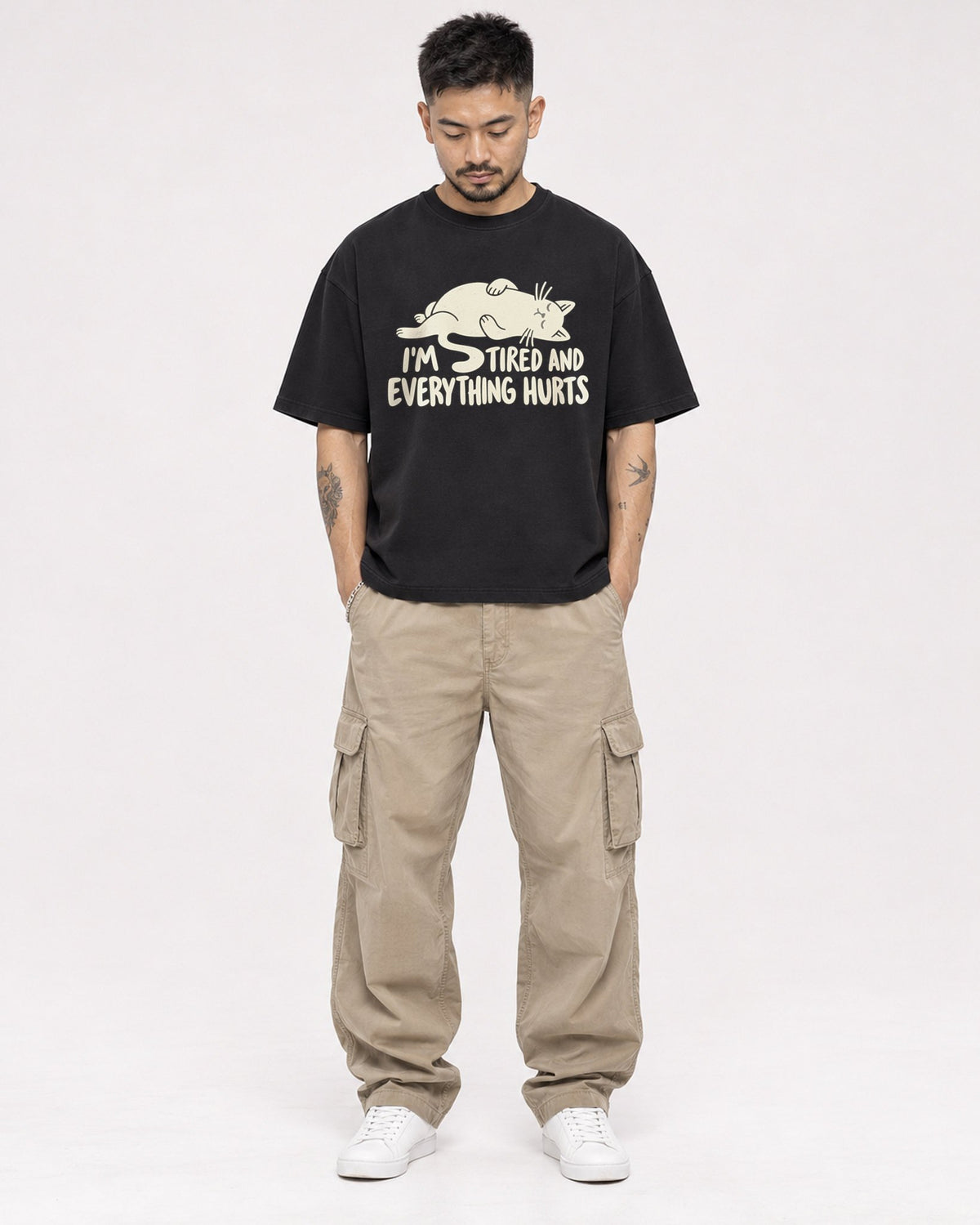 Mockup Boxy Heavyweight Tee Black male full-body 12