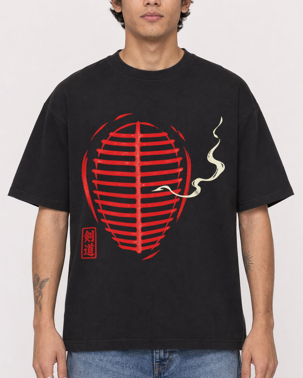 Mockup Boxy Heavyweight Tee Black male close-up 06
