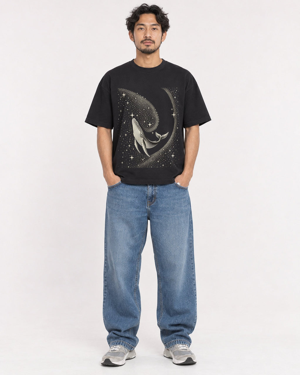 Mockup Boxy Heavyweight Tee Black male full-body 02