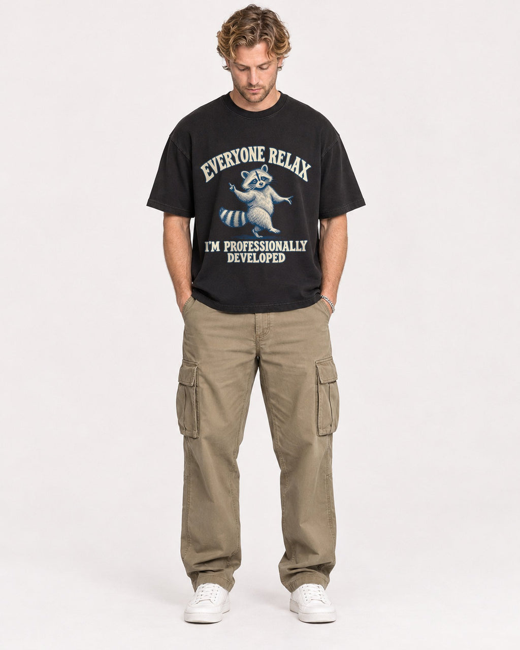 Mockup Boxy Heavyweight Tee Black male full-body 28