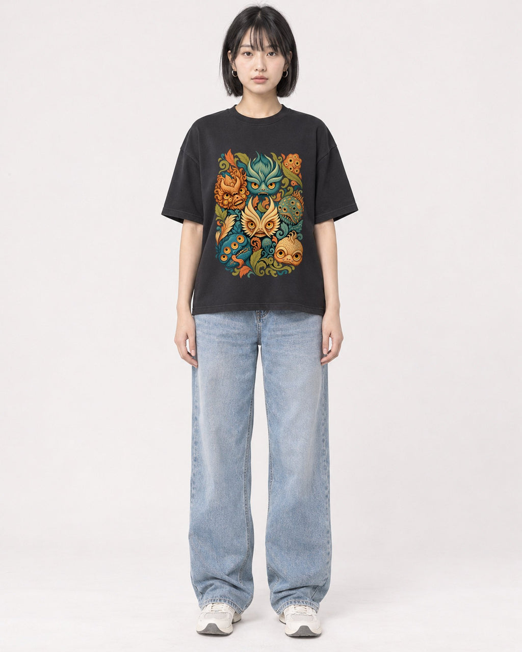 Mockup Boxy Heavyweight Tee Black female full-body 11