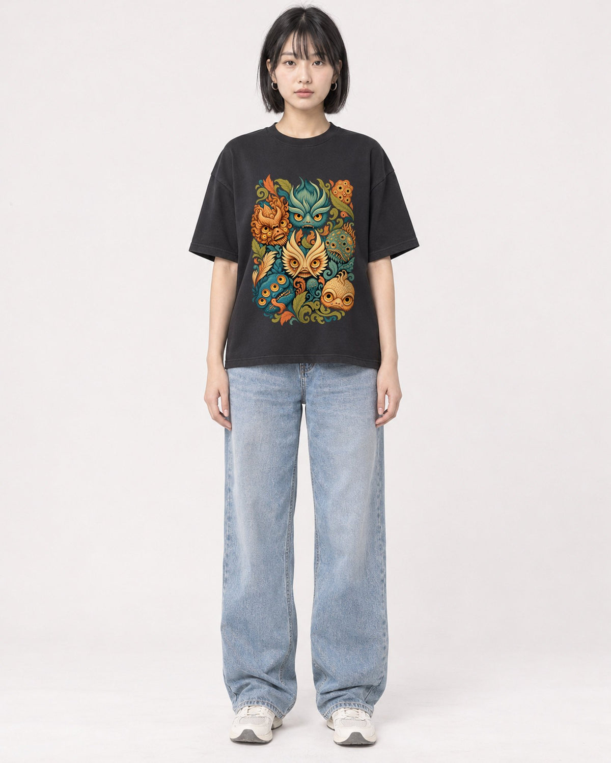 Mockup Boxy Heavyweight Tee Black female full-body 11