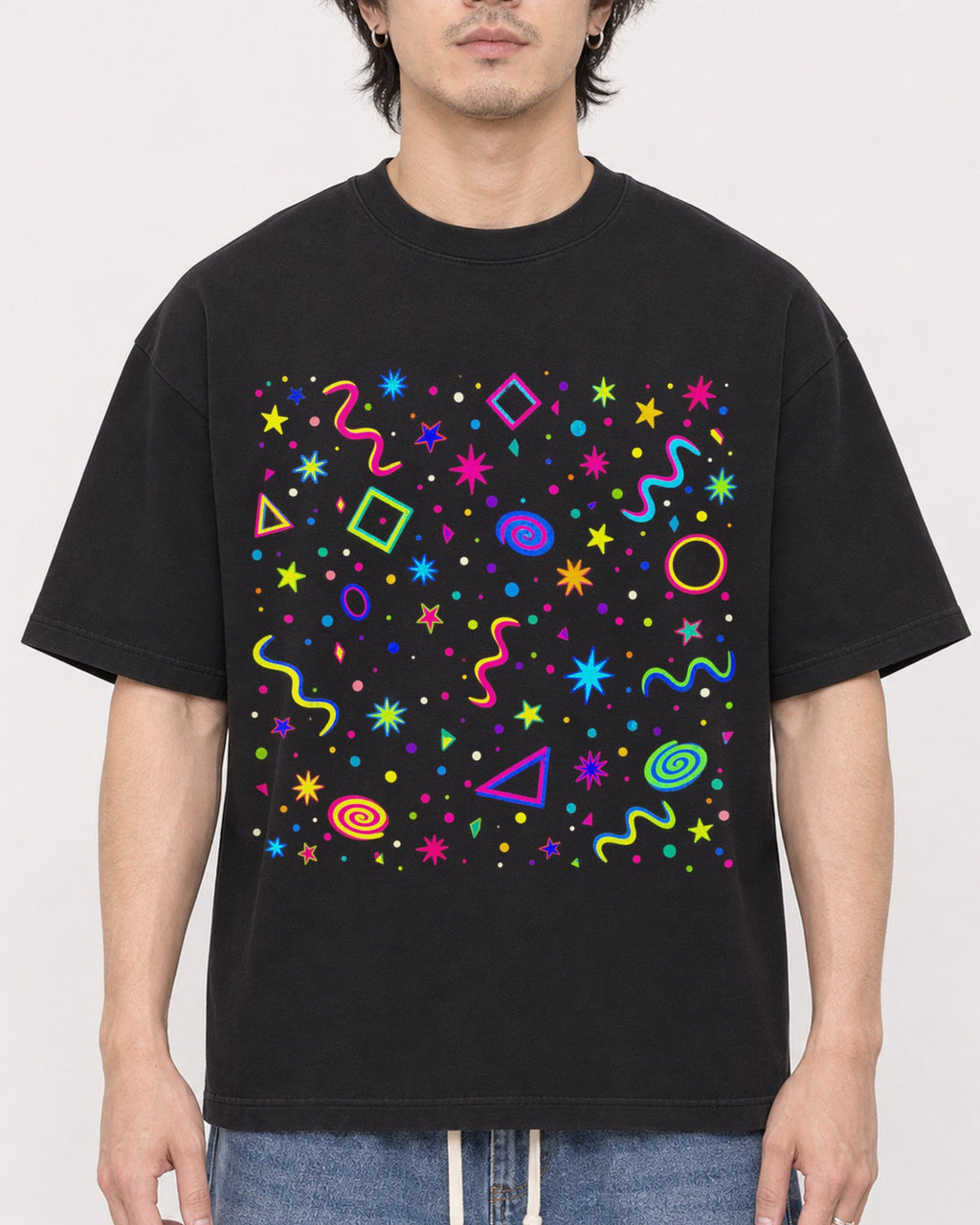 Mockup Boxy Heavyweight Tee Black male close-up 03