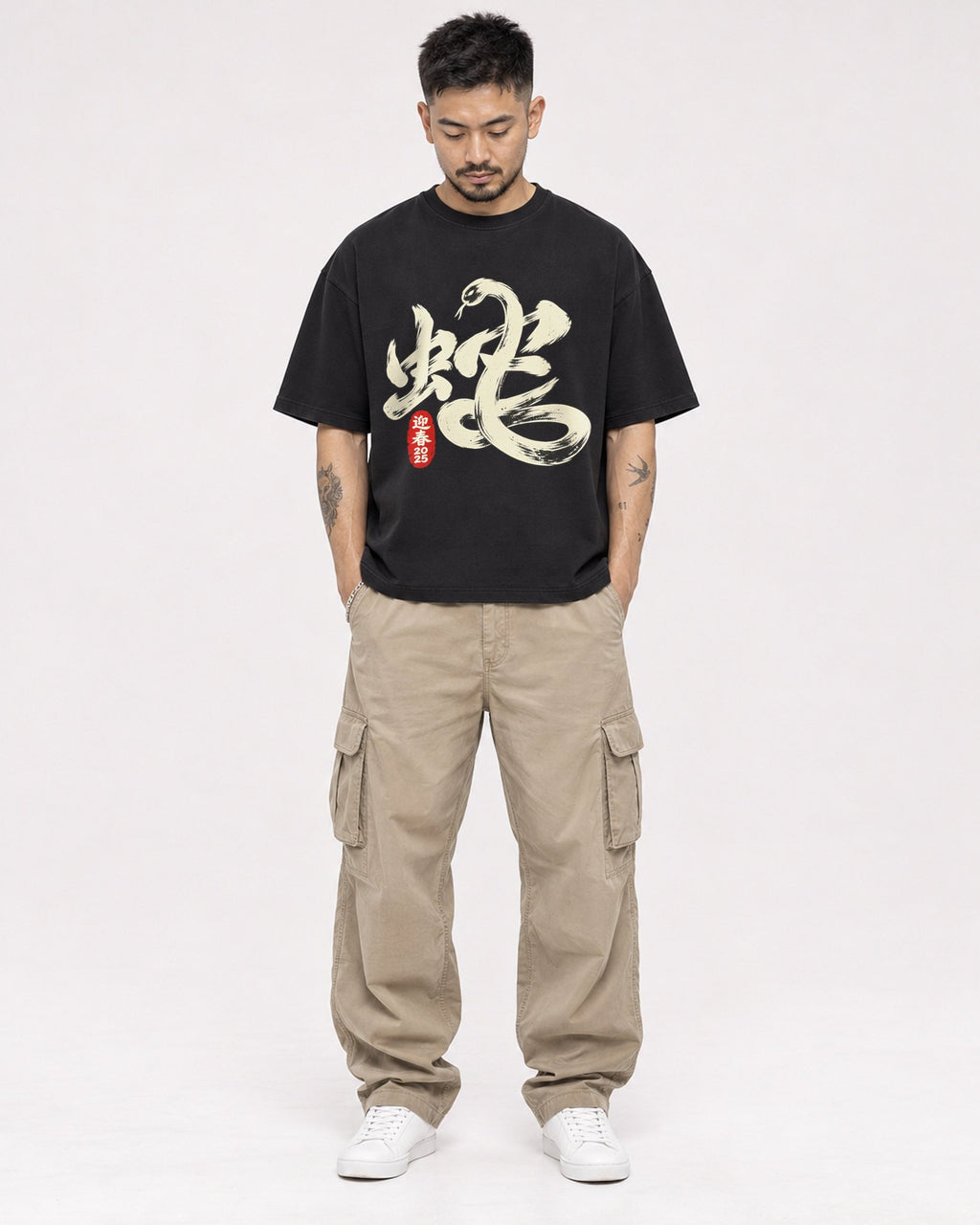 Mockup Boxy Heavyweight Tee Black male full-body 12