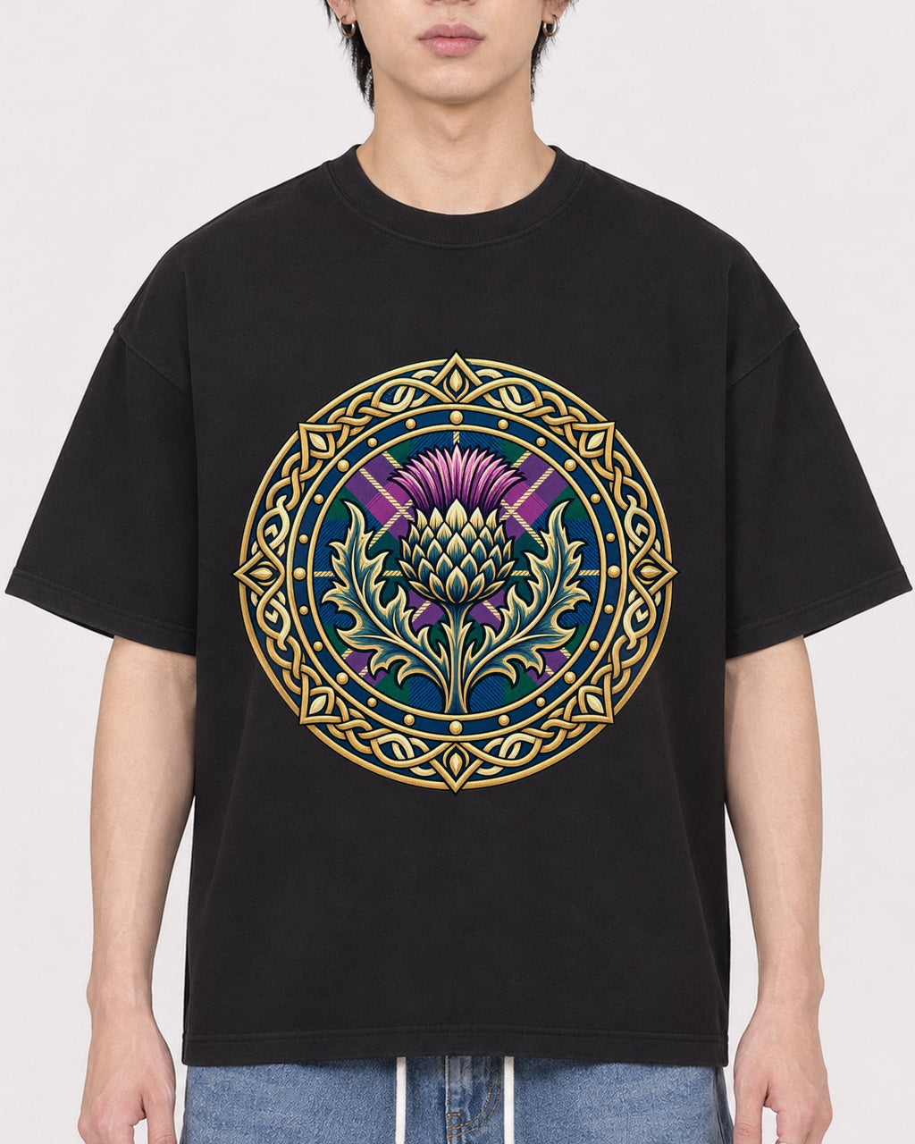 Mockup Boxy Heavyweight Tee Black male close-up 11