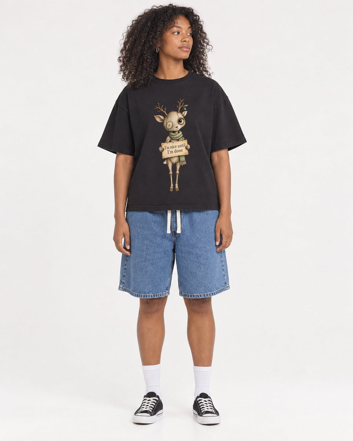 Mockup Boxy Heavyweight Tee Black female full-body 05