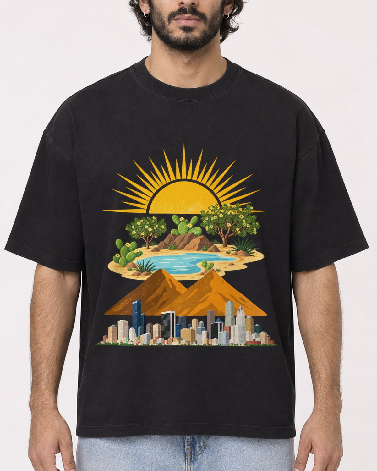 Mockup Boxy Heavyweight Tee Black male close-up 17