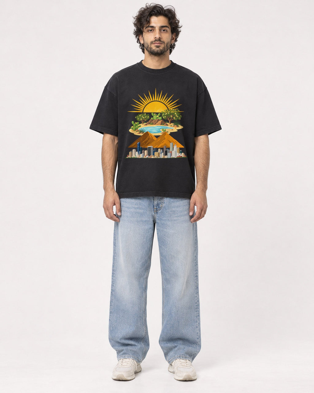 Mockup Boxy Heavyweight Tee Black male full-body 17